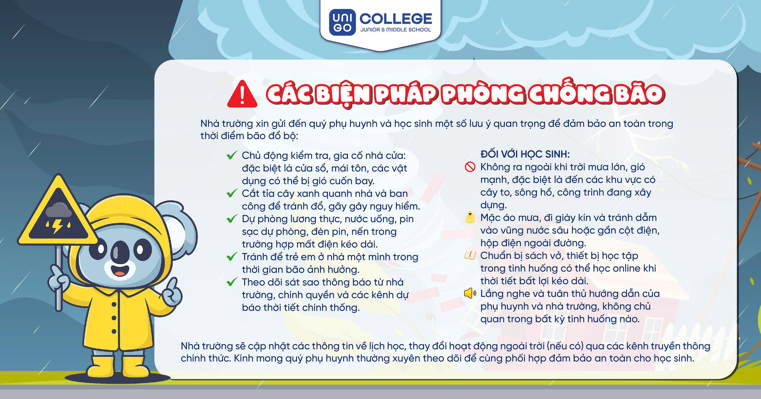 THÔNG BÁO BIỆN PHÁP PHÒNG TRÁNH BÃO DÀNH CHO PHỤ HUYNH VÀ HỌC SINH